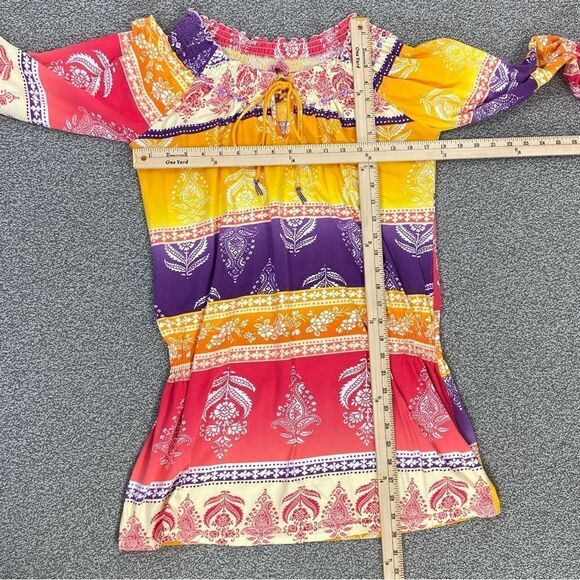 Joyous & Free Floral Damask Colorblock Tunic Dress Small Off Shoulder Smocked - Picture 12 of 13